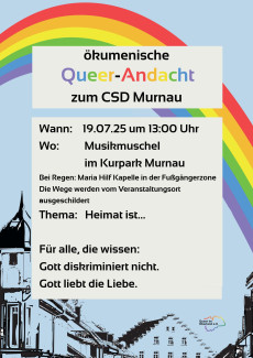 Ein Bild von Murnau, in blau, mit einem Regenbogen darüber.