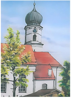 Die Kirche St Luarentius in Ohlstadt gezeichnet